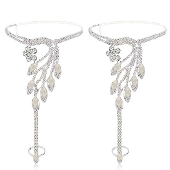 Silver and Diamond Austrian Crystal Pearl Art Deco Anklet Foot Chains - Set of 2 - Picture 2 of 6